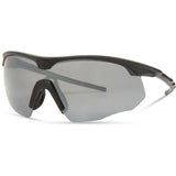 Madison Eyewear Shields matte black sunglasses with three polarized lenses in silver mirror, bronze, and yellow.