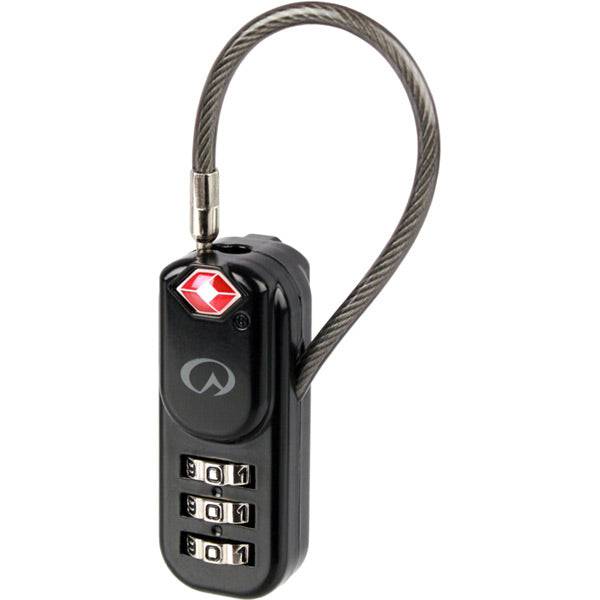 Lifeventure TSA approved zipper lock with 3-dial combination, travel security accessory, black nylon strap and metal lock.