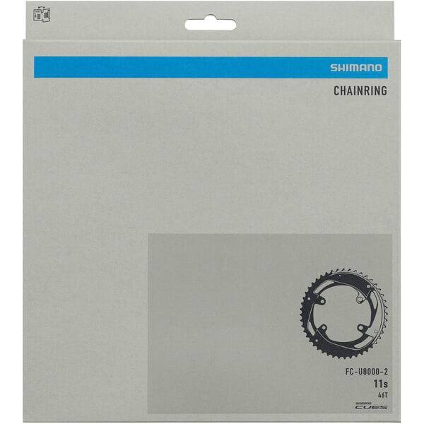 Shimano CUES FC-U8000-2 46T 11-speed double outer chainring for 46-32T drivetrain, shown with gear teeth and mounting holes.
