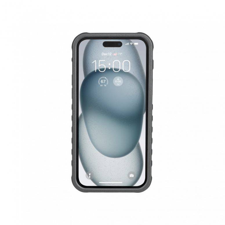 Topeak iPhone 15 Plus Ridecase in black with flip stand and charging support, showcasing the protective accessory and features.