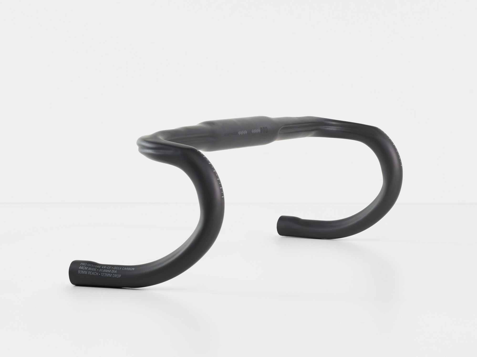 Bontrager Pro Isocore VR-CF carbon road handlebar with IsoCore vibration reduction system, showing sleek black design and ergonomic grip areas.