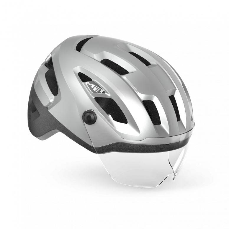 MET Intercity MIPS helmet with adjustable visor, LED light, and NTA 8776 safety certification, shown with ventilation and sleek design.