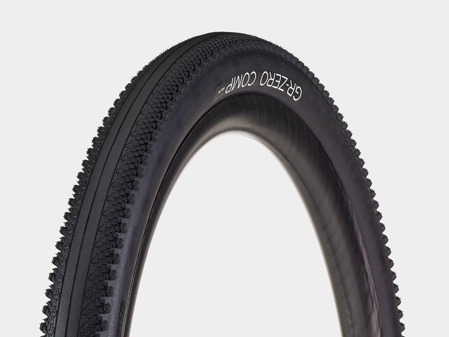 Bontrager GR0 Comp gravel tire 650b x 50mm in black, tubeless-ready, mounted on a bicycle wheel.