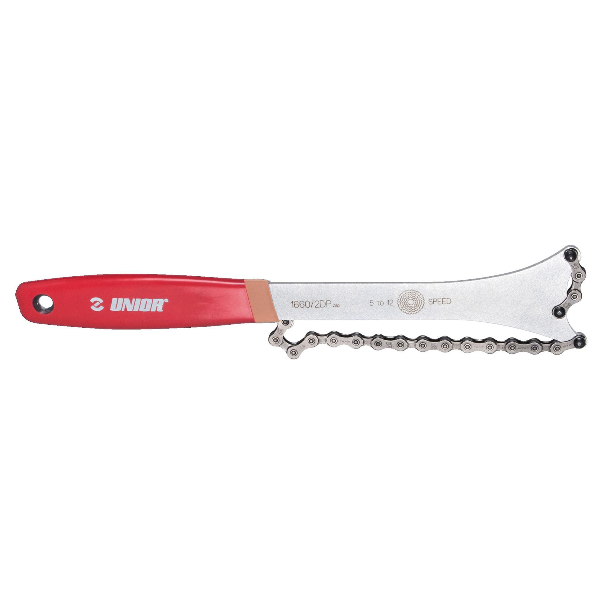 UNIOR chain whip workshop tool with magnetized holder, red color, designed for 6-12 speed bike cassettes.