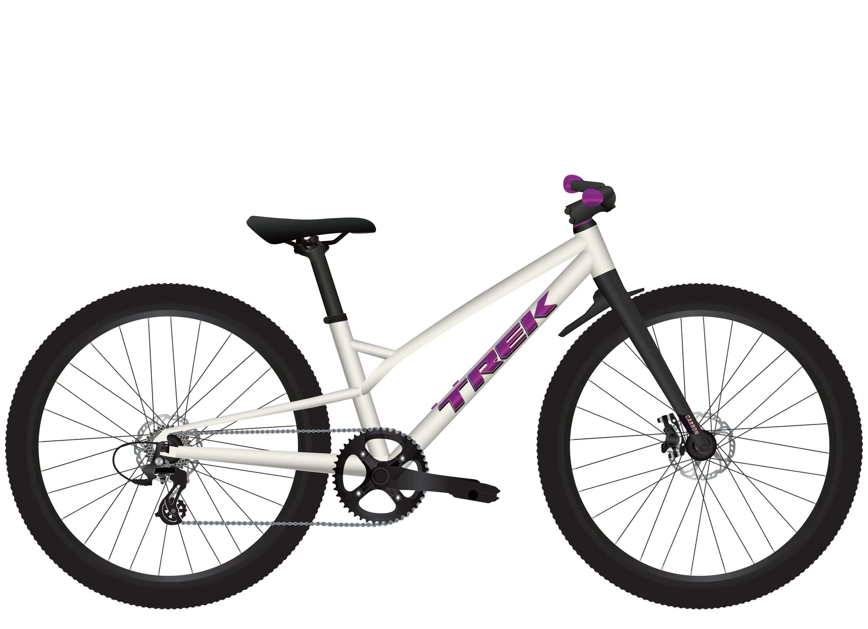Trek Wahoo 24 Trail Mountain Bike with carbon fork, black frame and knobby tires ready for smooth trail riding.