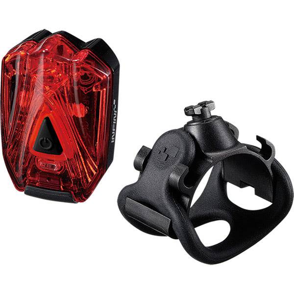 Infini Lava Super Bright Micro USB Rechargeable Rear Bike Light with QR bracket attached to a bicycle for visibility and safety.
