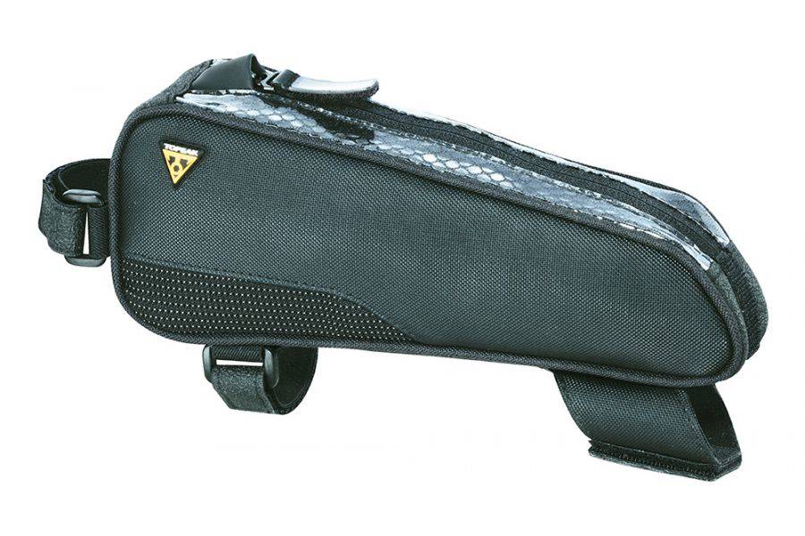 Topeak Fastfuel TriBag Small black bike bag attached to a top tube, designed for cycling essentials storage.
