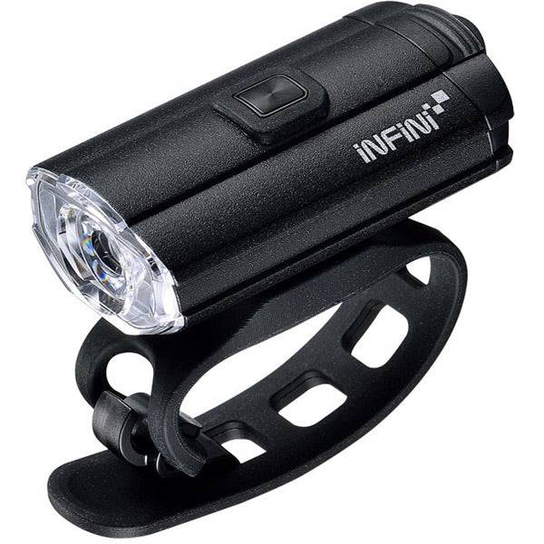 Infini Tron 100 USB rechargeable black bike front light with handlebar mount, suitable for cycling safety and visibility.