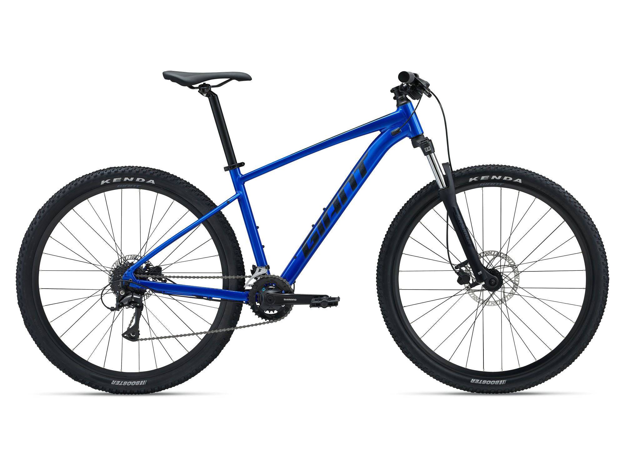 Giant Talon 3 2024 mountain bike with Shimano Acera drivetrain and disc brakes, featuring a sturdy frame and knobby tires.