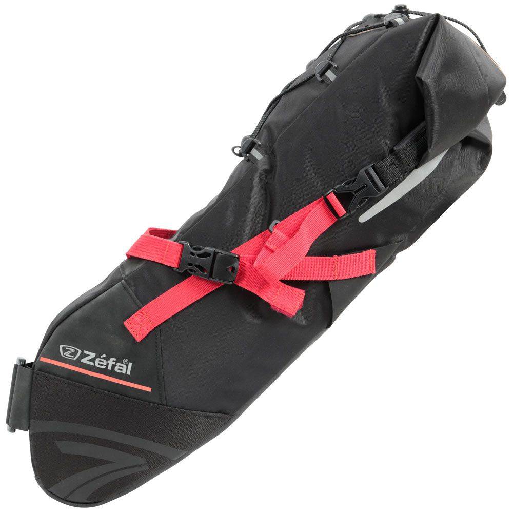 Zefal Z Adventure R11 waterproof bike saddle bag attached to bicycle, designed for touring and cycling, with a sleek black finish.