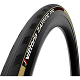 Vittoria Zaffiro Pro V 700x25c black tan foldable clincher training bike tire mounted on wheel.