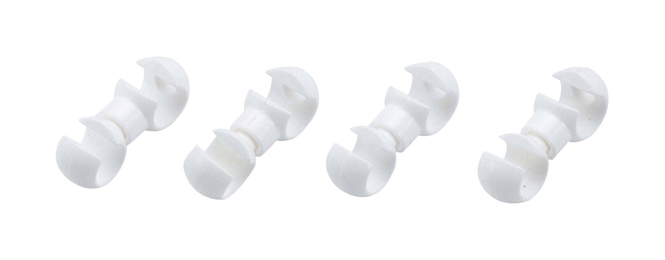Set of four white BBB BCB-98 CableConnect frame protectors for bike cables, shown on a bicycle frame.
