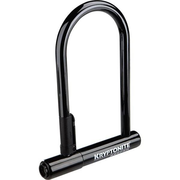 Kryptonite Keeper Original Standard U-Lock with click-style bracket securing a bike, made of durable steel for bike security.
