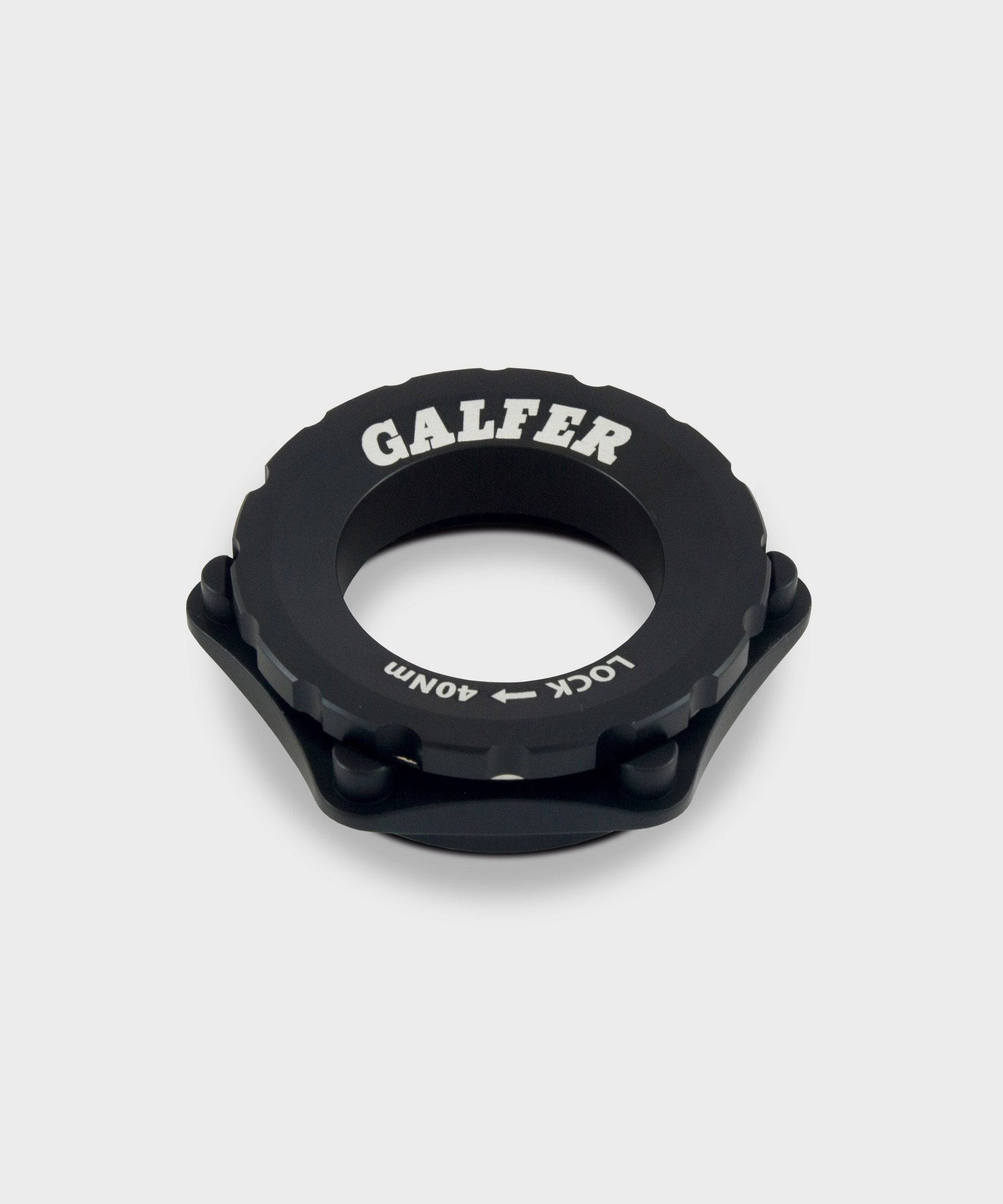 Galfer Centerlock universal hub adapter for bicycle disc brake systems, showing the black component with mounting details.