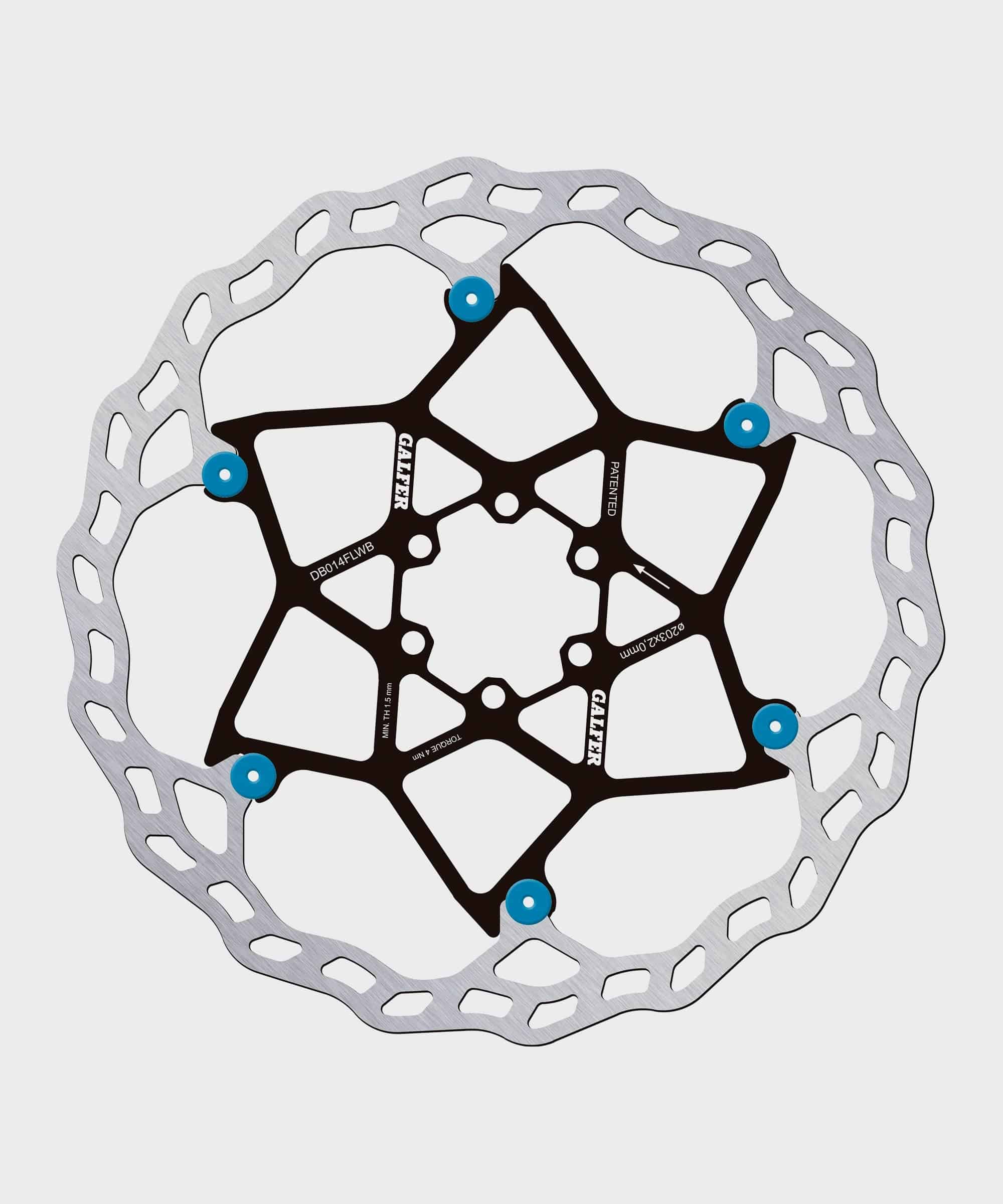 Galfer Wave floating disc rotor for MTB with 6-bolt brake system, high-performance bike component, metallic finish, mounted on a bike wheel