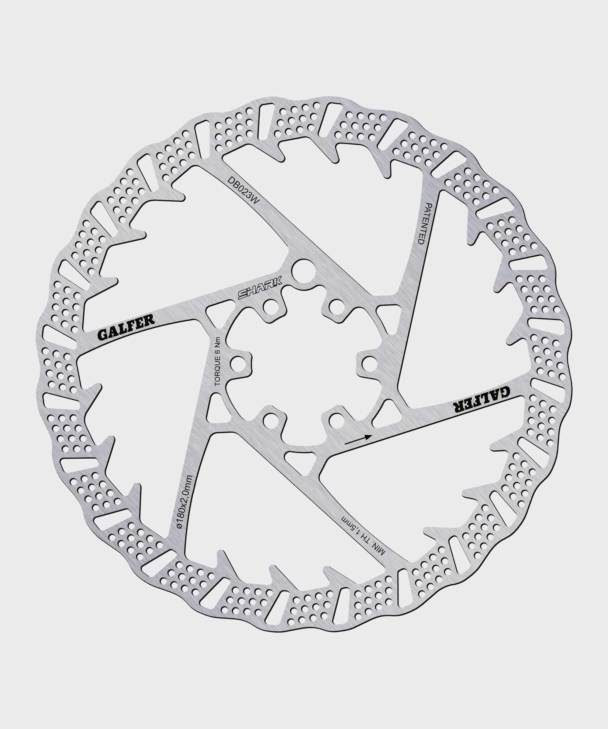 Galfer Shark 6-Bolt MTB disc brake rotor with ventilated design and high-performance braking surface for mountain biking.