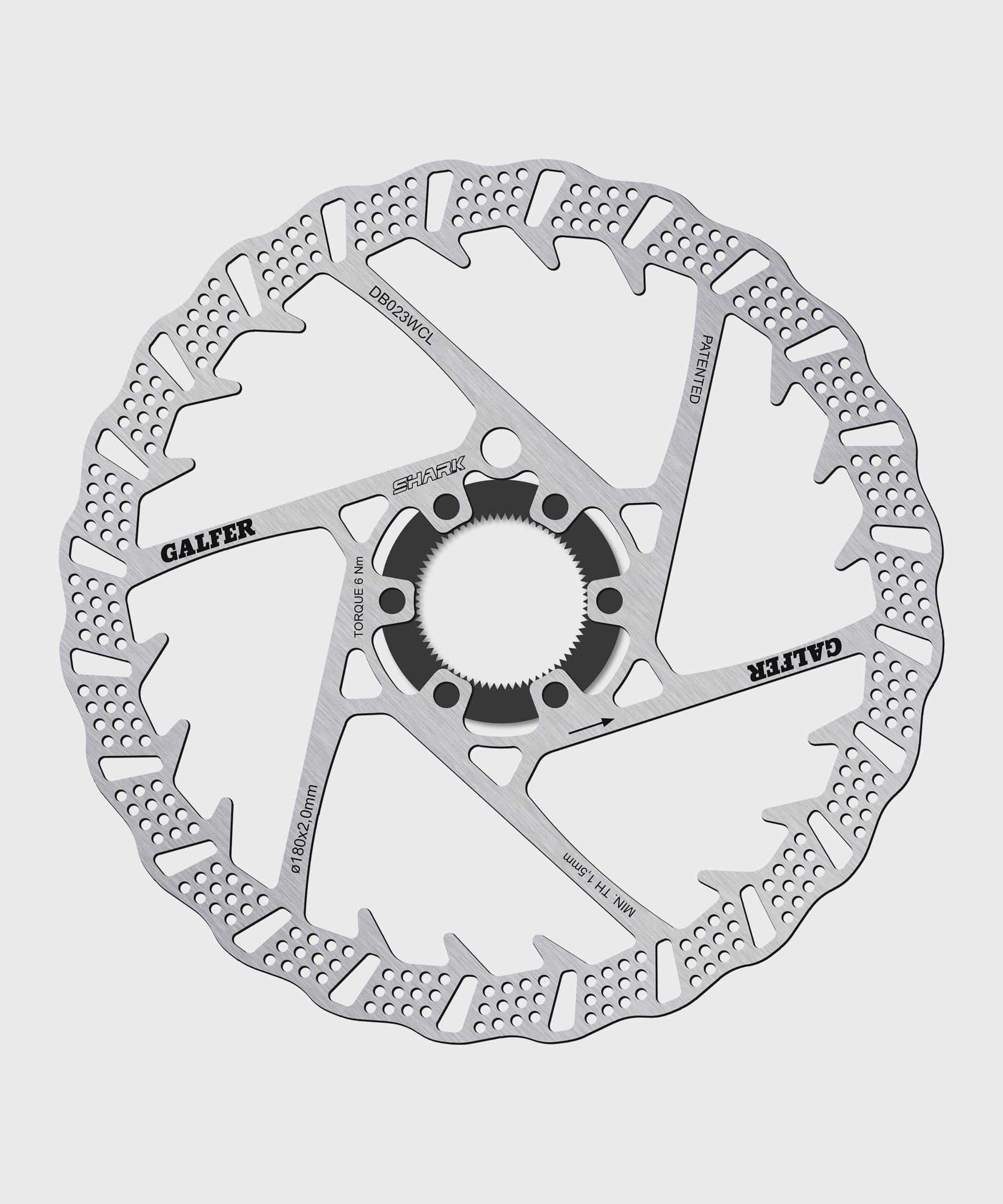 Galfer Shark 6-Bolt MTB disc brake rotor with ventilated design and high-performance braking surface for mountain biking.