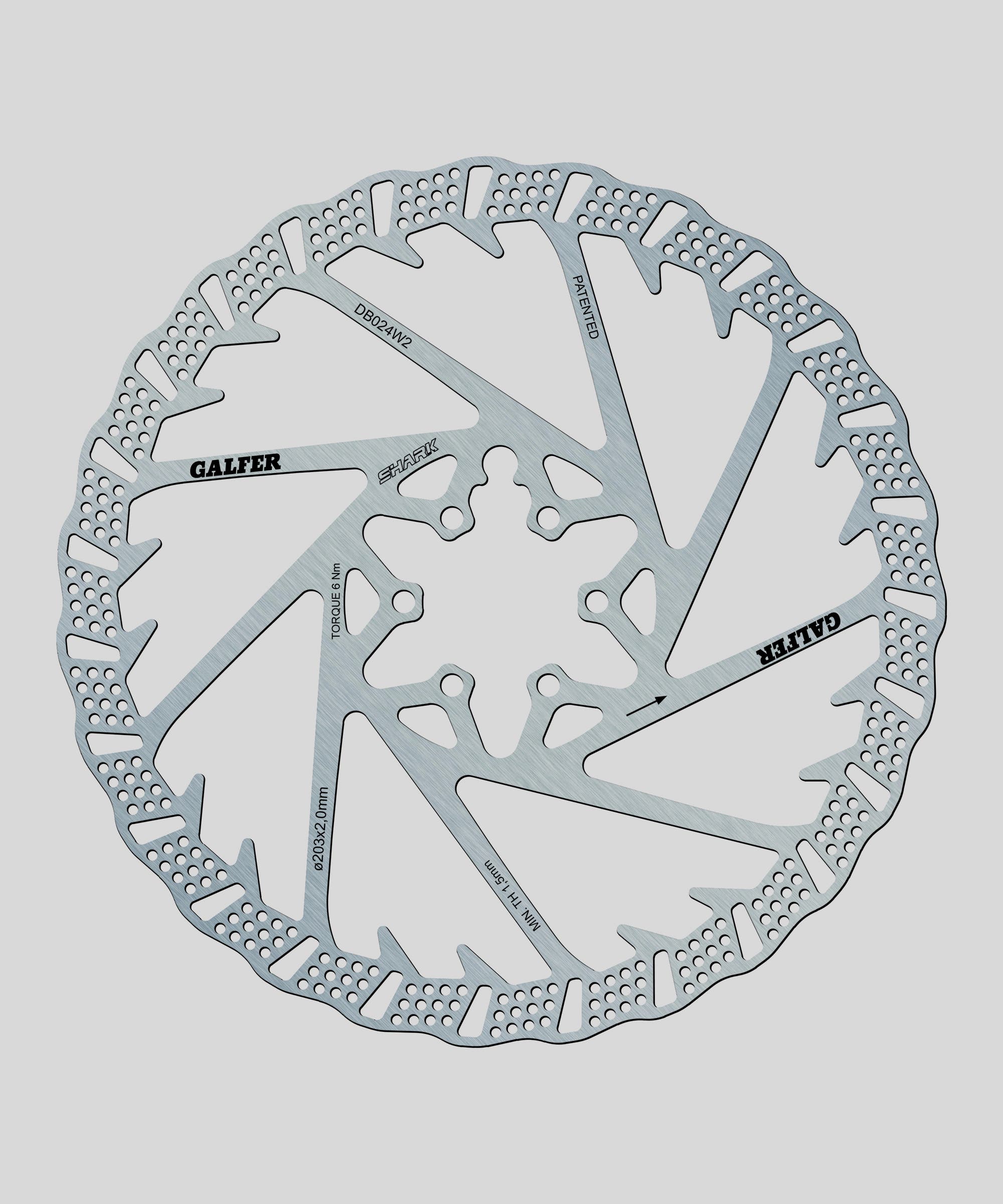 Galfer Shark 6-bolt MTB disc brake rotor with high-performance design, featuring a silver finish and six bolt mounting system.