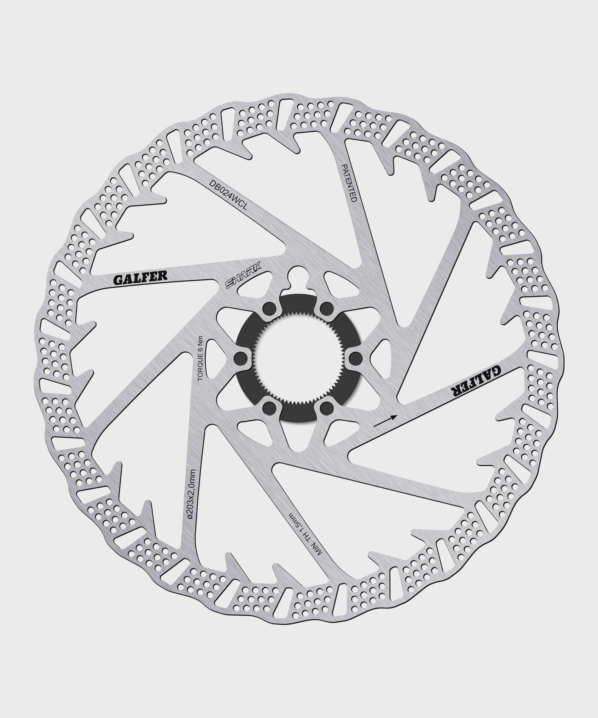 Galfer Shark 6-Bolt MTB brake disc rotor with vented design, high-performance components for mountain biking.