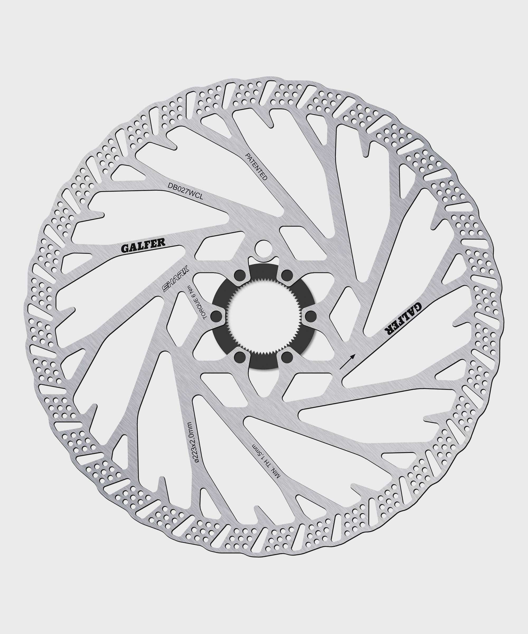 Galfer Shark 6-bolt MTB disc brake rotor with high-performance design, showcasing vented stainless steel rotor with black finish.