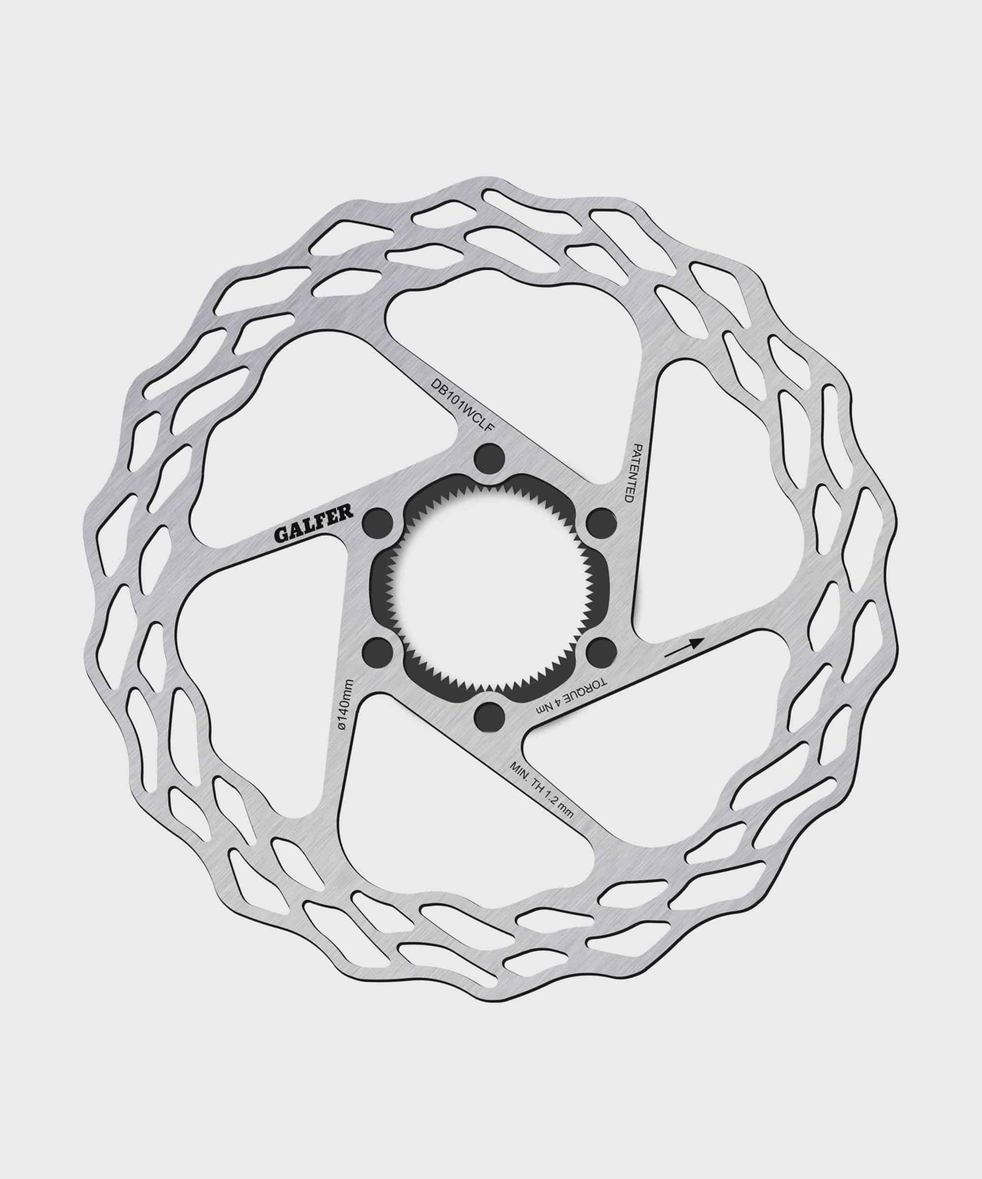 Galfer Wave Road disc brake rotor with 6-bolt mount for road, gravel, and cyclocross bikes, showing the rotor's wave design and mounting holes.