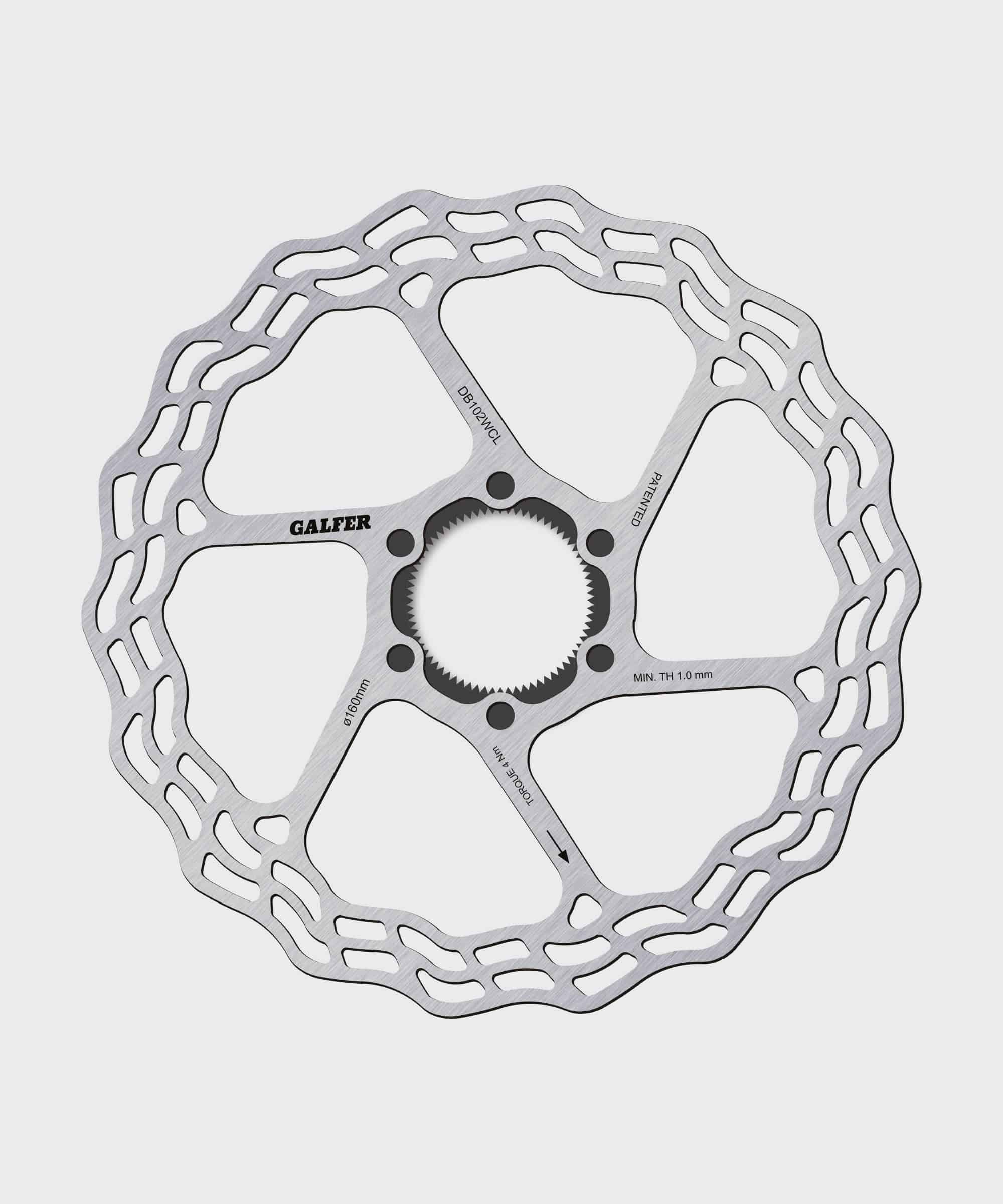 Galfer Wave Road Disc Rotor 6-Bolt for road, gravel, and cyclocross bikes, showcasing the metallic rotor with wave design and mounting holes.