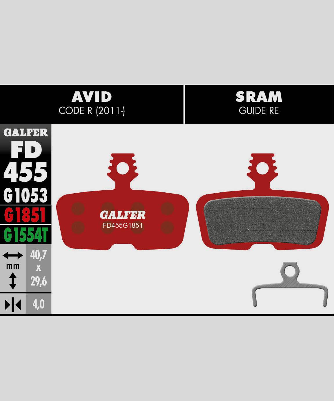 Galfer Advanced Bike Disc Brake Pads for Trail, Enduro & e-MTB, close-up of black brake pad components with branding markings