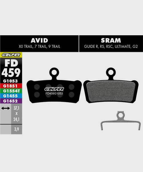 Galfer standard bike disc brake pads showing metallic backing and friction material for reliable, quiet braking performance.