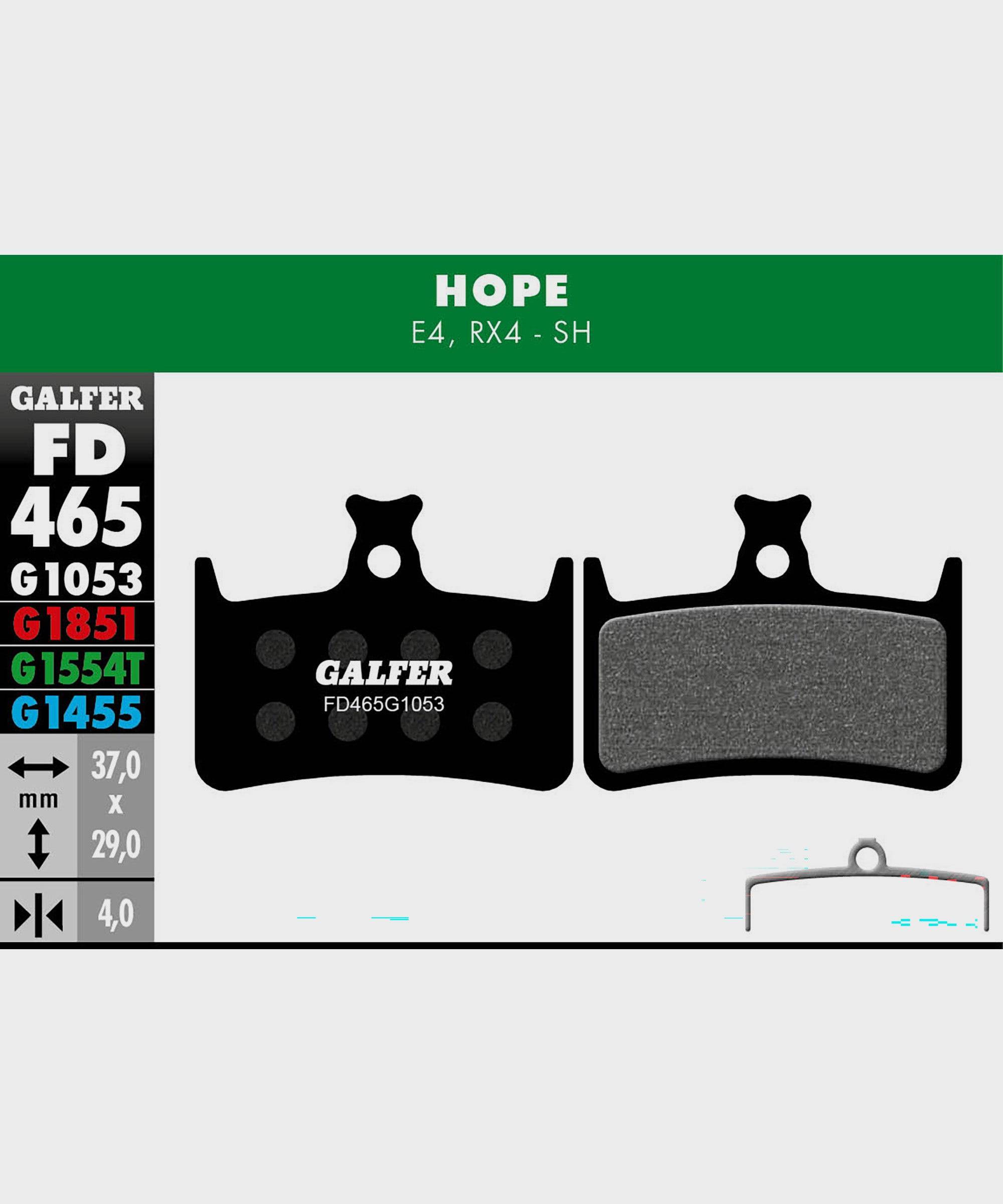 Galfer Pro bike disc brake pads for downhill and enduro racing, showing high-performance components with brake pad material and hardware.