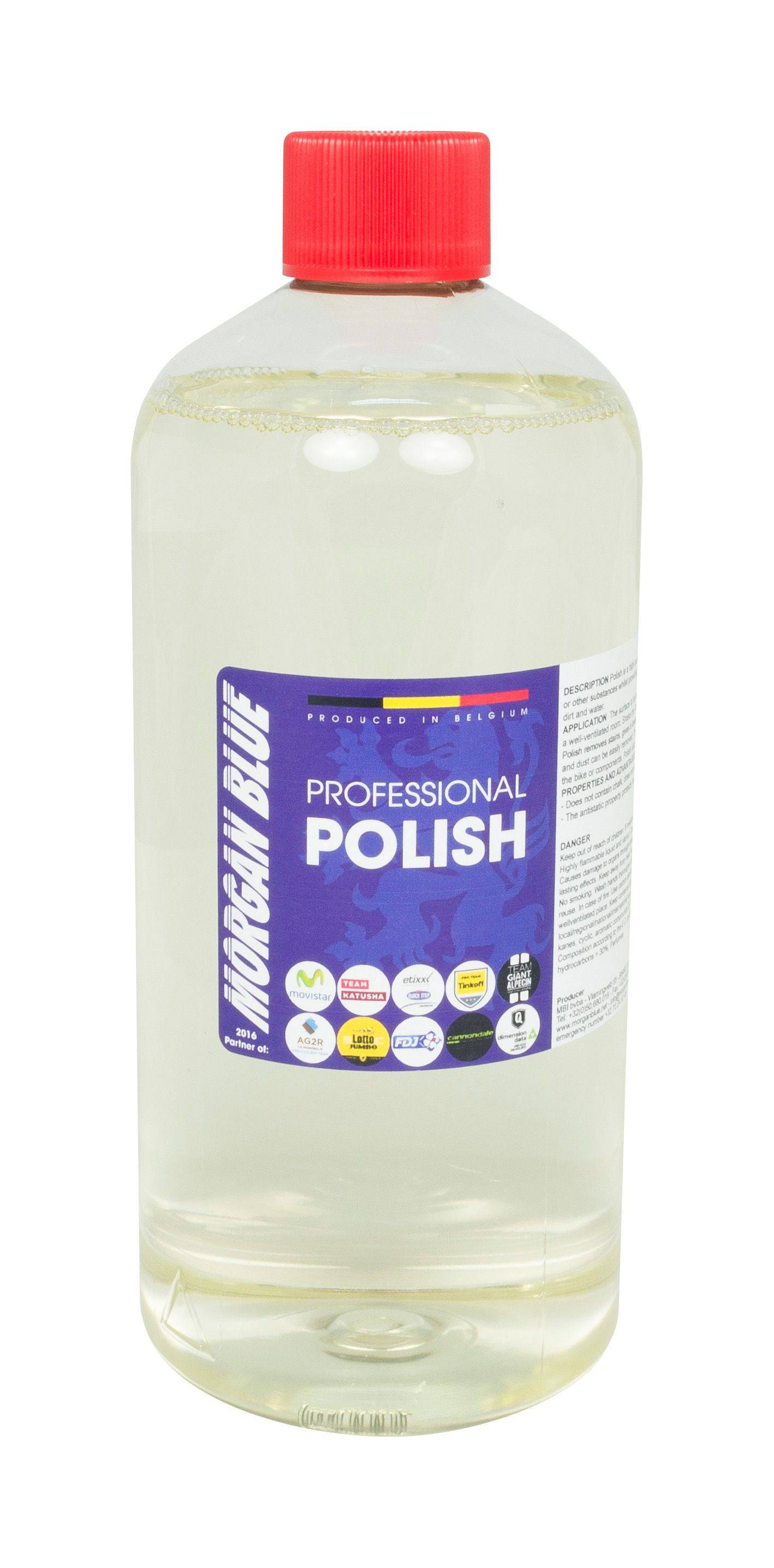 Morgan Blue Bike Polish and Lubrication workshop product, showing a bottle of cleaner and shine solution for bike surfaces.
