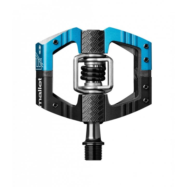 Crankbrothers Mallet E LS clipless enduro pedal with adjustable float and axle options, showing the pedal's rugged design and cleat interface.