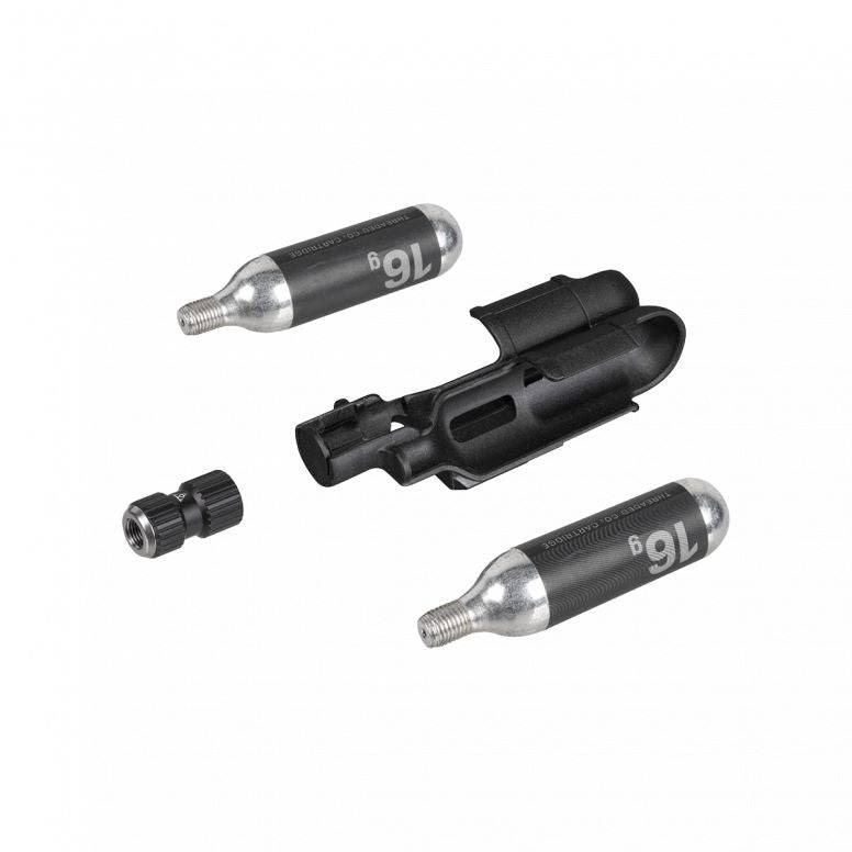 Topeak Nanomaster Duo Fixer CO2 inflation kit with dual valve compatibility, black, compact bike pump accessory.
