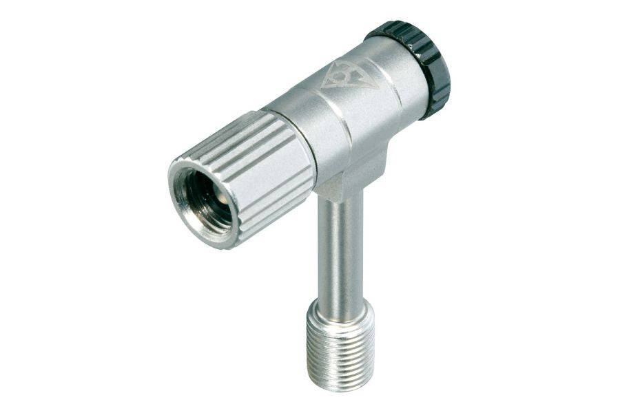 Topeak Pressure Rite Schrader Valve Connector with Pressure Tune in silver for cycling inflation and pressure measurement accessories.