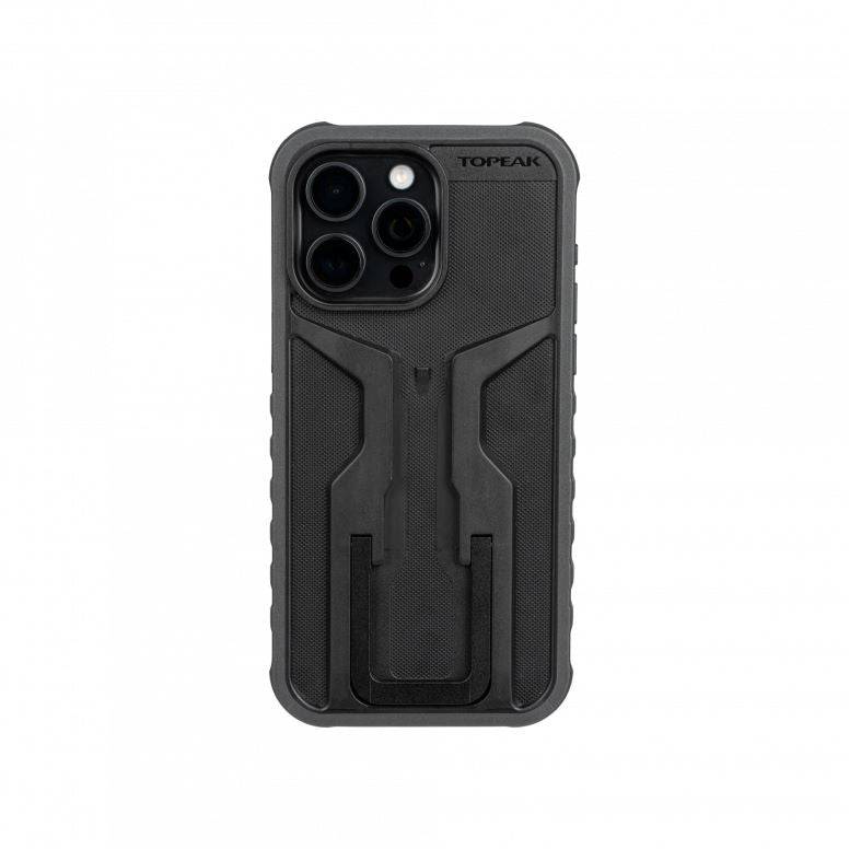 Topeak RideCase black protective bike mount case for iPhone 15 Pro Max, featuring secure mounting and durable design.