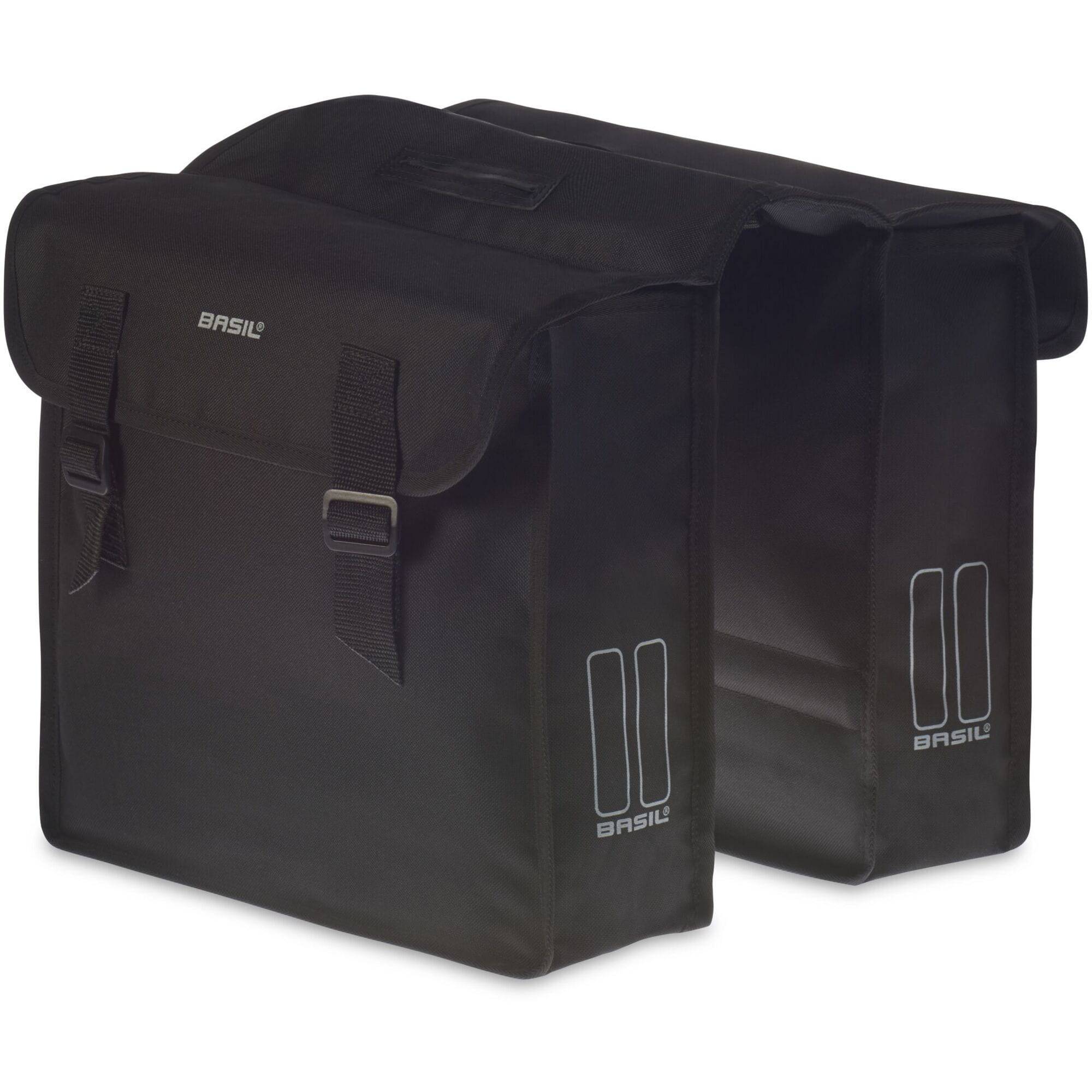 Black Basil Mara Double Bag 26L bike pannier with water-repellent fabric and reflective accents for cycling accessories.