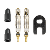 Weldtite Presta valve core and cap kit with remover for bike tires, includes 2 components in a compact, durable design.
