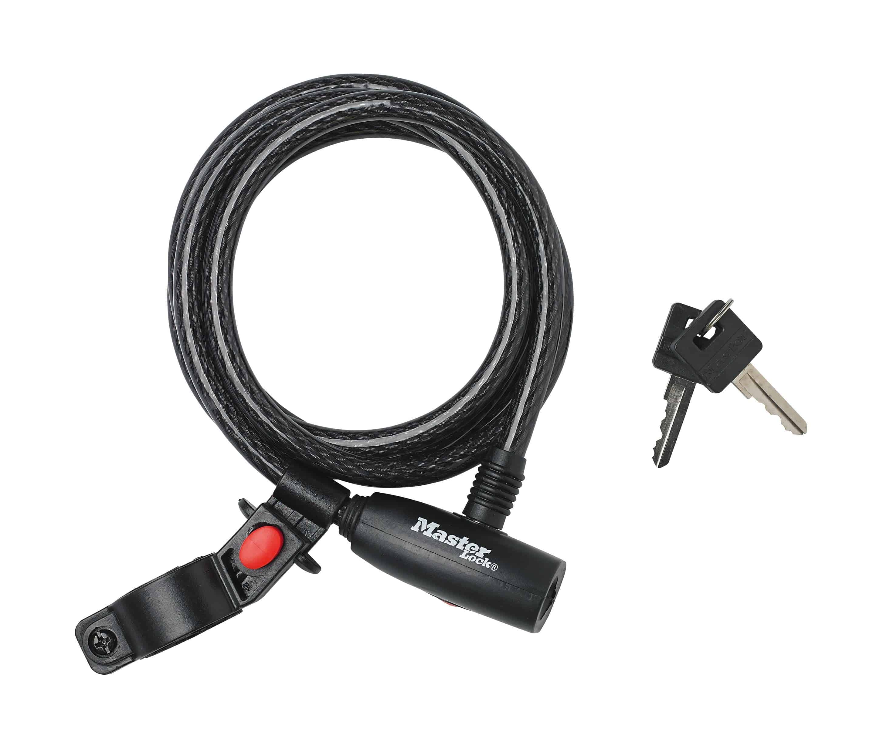 Master Lock 10mm x 1.8m cable key lock with pick-resistant security, shown coiled with key and locking mechanism.