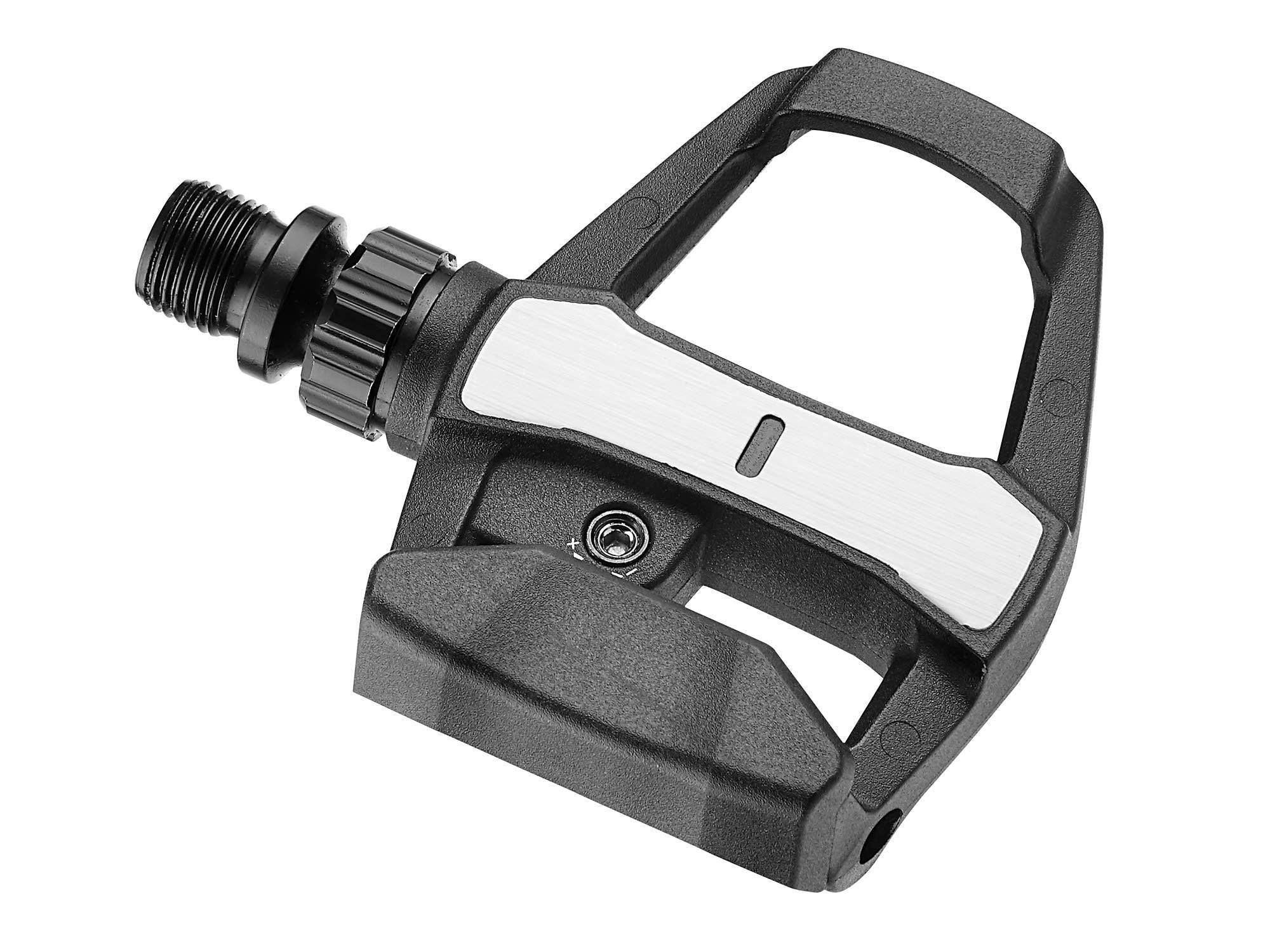 Giant Road Elite clipless cycling pedals with adjustable release tension and durable metal body for road bike performance.