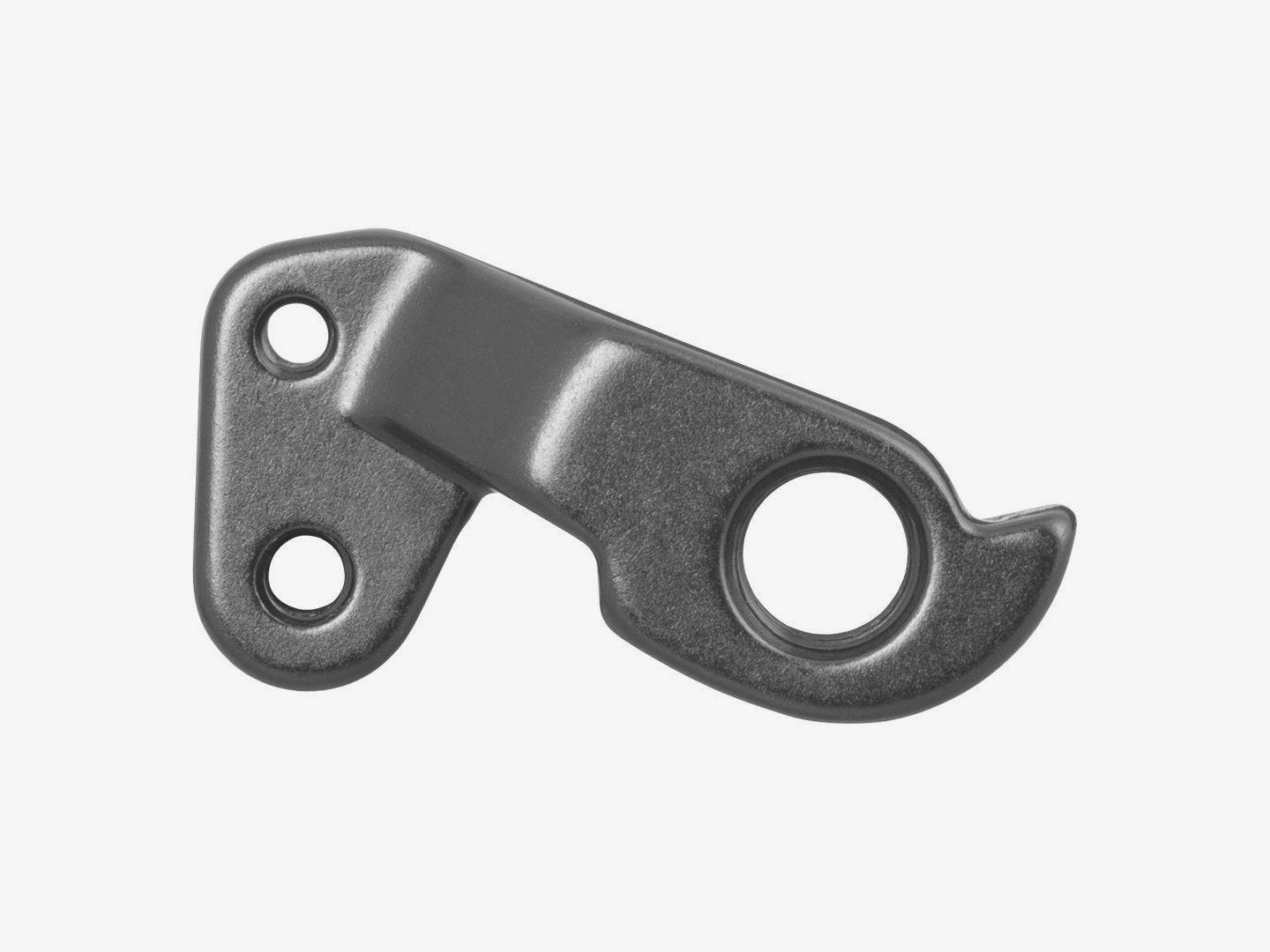 Black Trek rear derailleur hanger and thru axle for bicycle drive side replacement, components for bike maintenance.