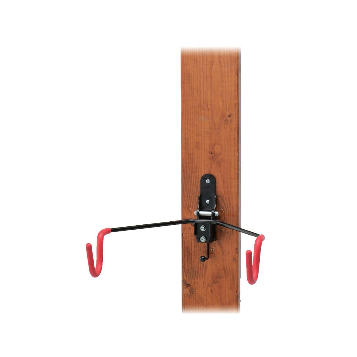 Minoura wall-mounted foldable bike and helmet storage rack with four hooks for organizing bikes and accessories.