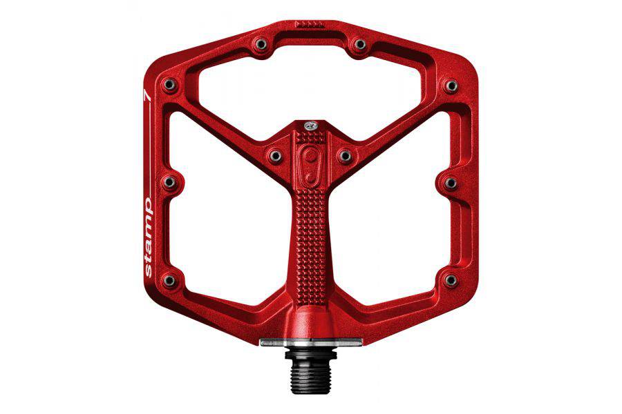 Crank Brothers Stamp 7 flat mountain bike pedal with adjustable pins and durable metal body, designed for secure grip and performance.