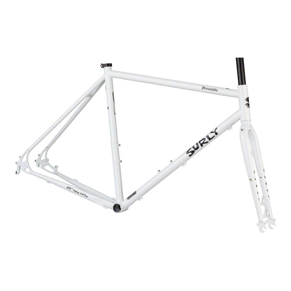 Surly Preamble white road and gravel frameset with disc brake and rack mounts, featuring lightweight aluminum construction.