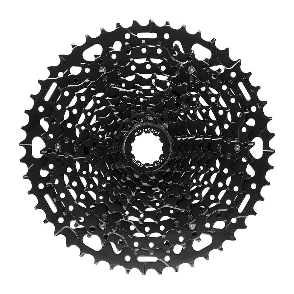 MicroSHIFT Advent X H-Series 10-speed MTB cassette with 11-48T sprockets for off-road riding, shown on a bicycle drivetrain.