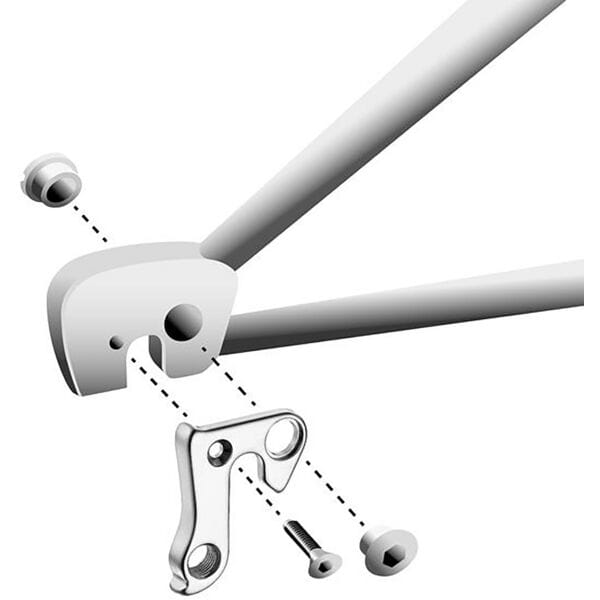 M Part gear hanger for bikes, showing durable derailleur hanger replacement with assembled components on a bike.