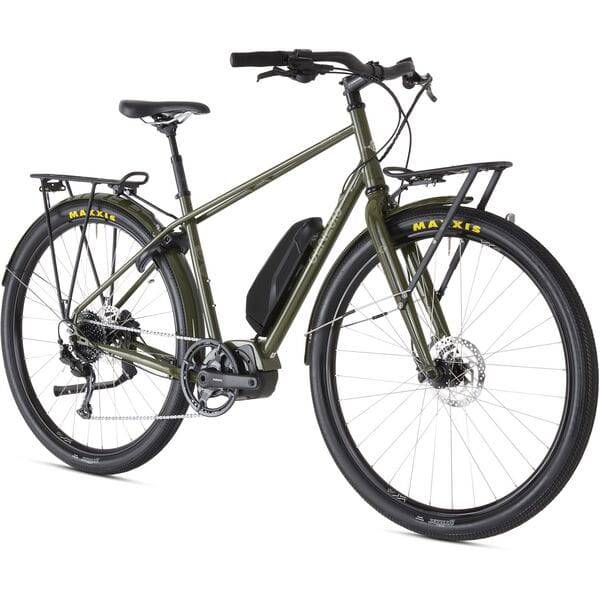 Genesis Smithfield e-Hybrid bike with Shimano STEPS E6100 motor and long-range battery, shown outdoors with a sleek frame.