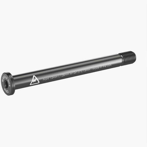 Wheels Manufacturing front 15mm thru-axle for bike forks, 128mm length, M12x1.5 threading, metal component for bicycle suspension.