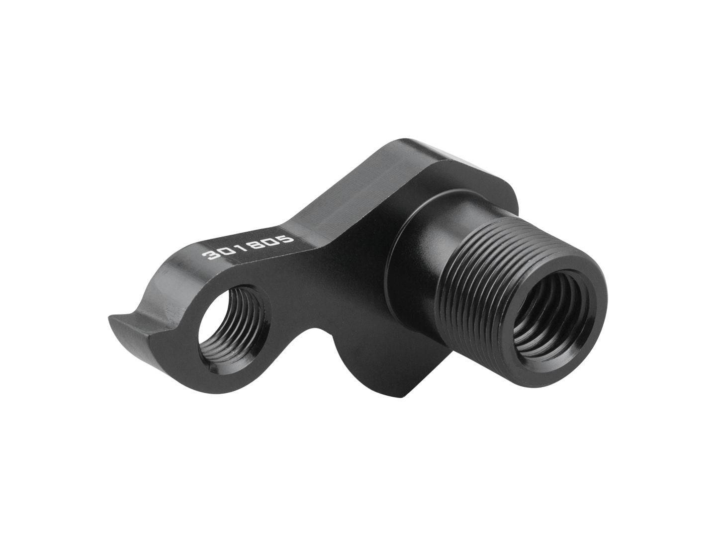 Black Trek ABP Convert rear drive side derailleur hanger compatible with thru axles, bicycle components for bike maintenance.