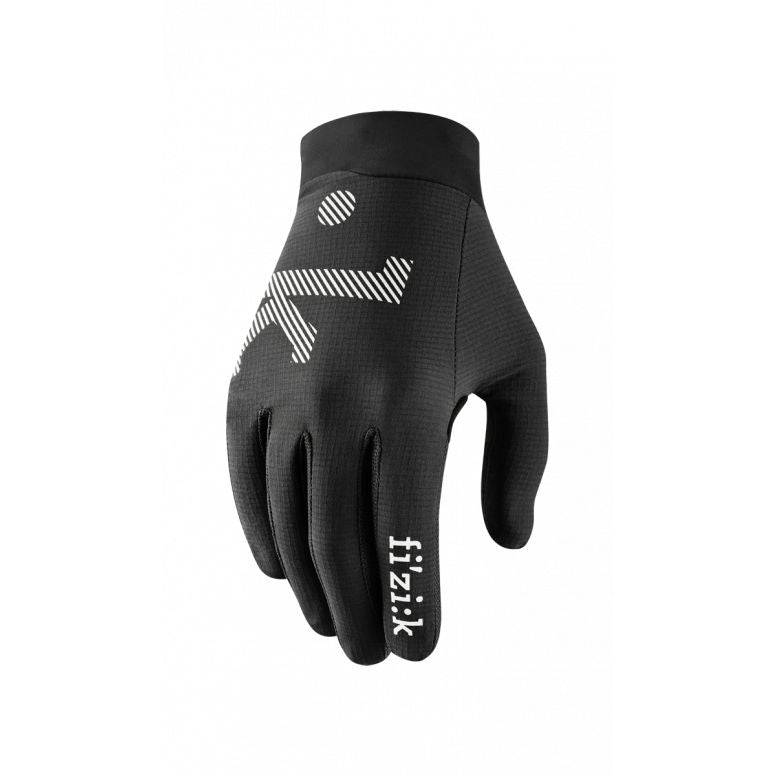 Fizik gloves with breathable fabric, perforated palm, and touchscreen compatibility, designed for comfortable cycling or outdoor activities.