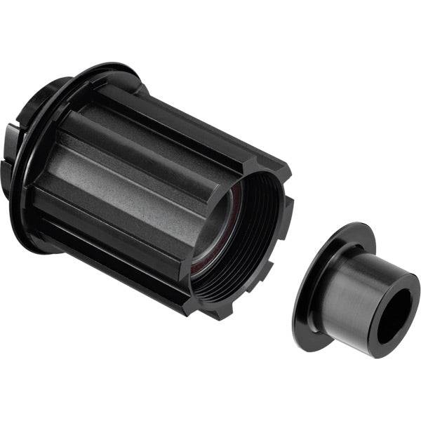 DT Swiss pawl freehub conversion kit for Campagnolo road 142/12mm hub, showing black components and detailed hub parts.