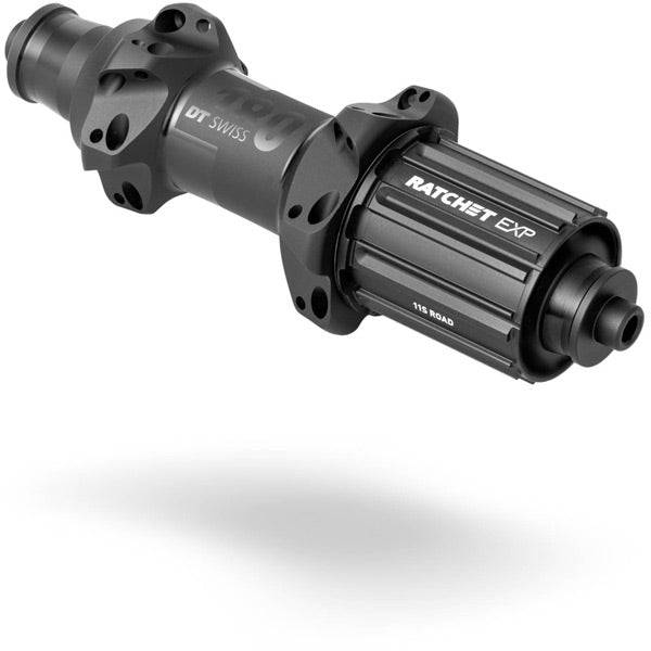 Black DT Swiss 180 straight pull rear road hub with 24 holes, 130mm quick-release for Shimano components, showing the hub's detailed design.